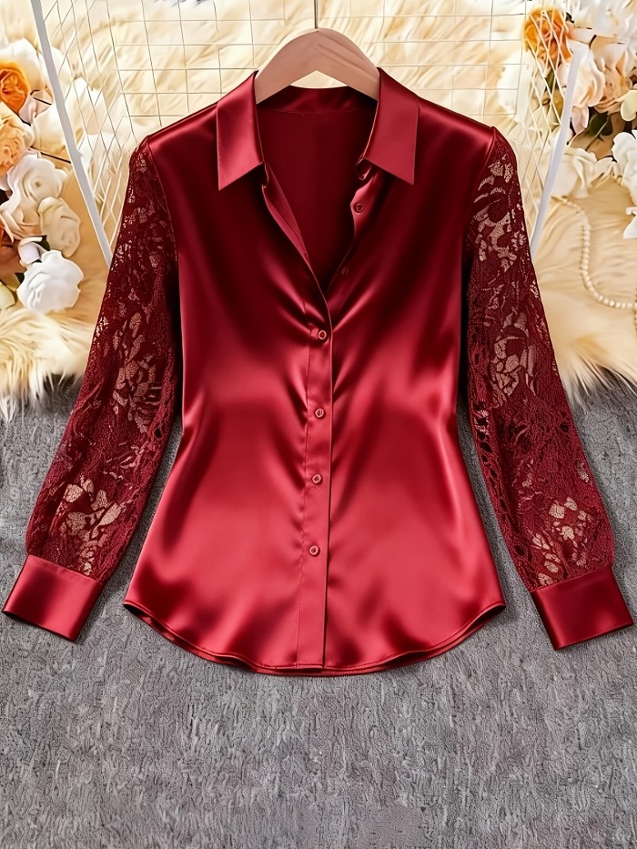 Elegant Lace-Trimmed Satin Shirt for Women | Contrast Lace Details, Lapel Collar, Solid Color, All-Season Wear