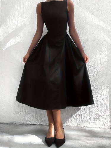 Women's Classic Hepburn-Style Sleeveless Waist-Cinched Black Flared Midi Gown, Vintage Elegant Sleeveless Little Black Dress, Waist-Cinched A-Line Flared Midi Gown, Suitable for Daily Wear, Commuting, Parties, and Various Occasions