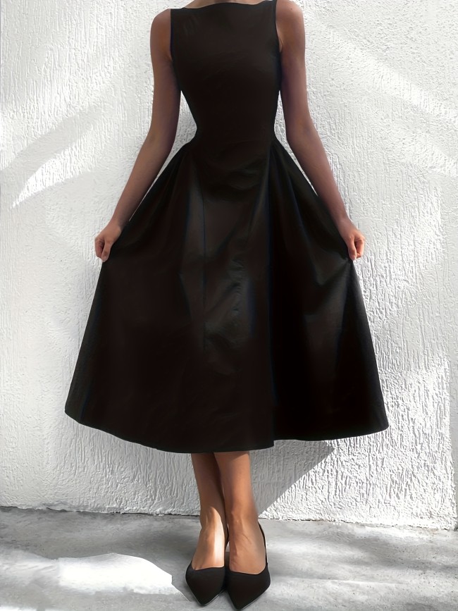 Women's Classic Hepburn-Style Sleeveless Waist-Cinched Black Flared Midi Gown, Vintage Elegant Sleeveless Little Black Dress, Waist-Cinched A-Line Flared Midi Gown, Suitable for Daily Wear, Commuting, Parties, and Various Occasions