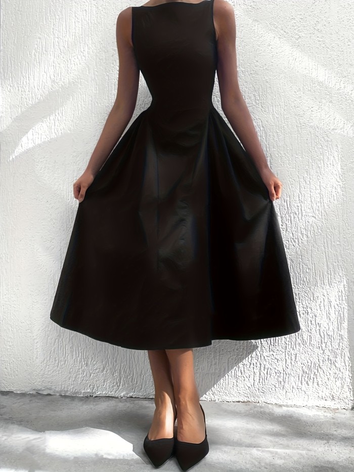 Women's Classic Hepburn-Style Sleeveless Waist-Cinched Black Flared Midi Gown, Vintage Elegant Sleeveless Little Black Dress, Waist-Cinched A-Line Flared Midi Gown, Suitable for Daily Wear, Commuting, Parties, and Various Occasions