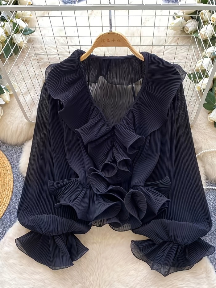 French Gentle Style\u002FV-Neck Ruffled Pleated Blouse\u002FWomen's Spring Summer Long Sleeve\u002FAll-Match Design Top