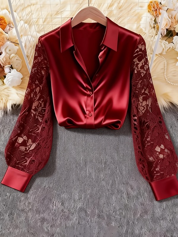 Elegant Lace-Trimmed Satin Shirt for Women | Contrast Lace Details, Lapel Collar, Solid Color, All-Season Wear