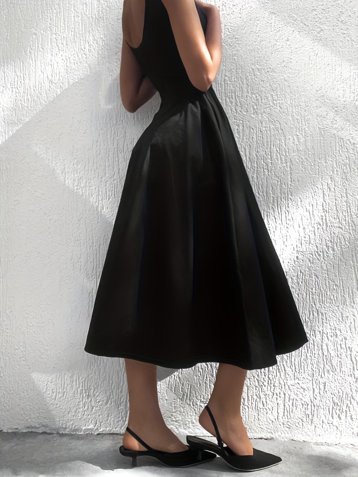 Women's Classic Hepburn-Style Sleeveless Waist-Cinched Black Flared Midi Gown, Vintage Elegant Sleeveless Little Black Dress, Waist-Cinched A-Line Flared Midi Gown, Suitable for Daily Wear, Commuting, Parties, and Various Occasions