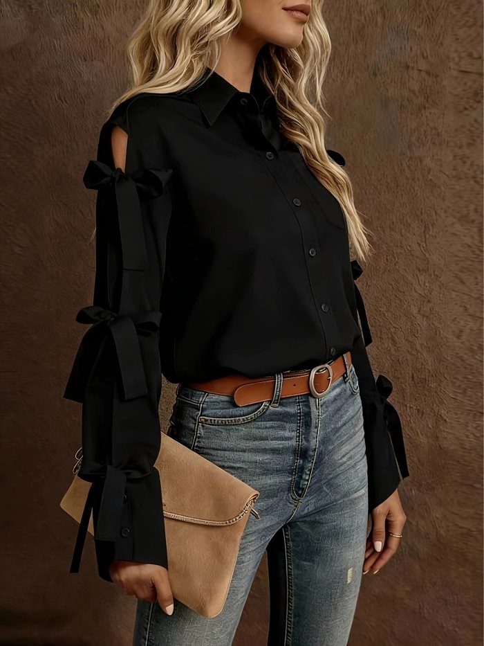 Women'S Solid Color Bow Decorated Long Sleeve Single-Button Shirt, Suitable for Office, Home, Street, And Administration