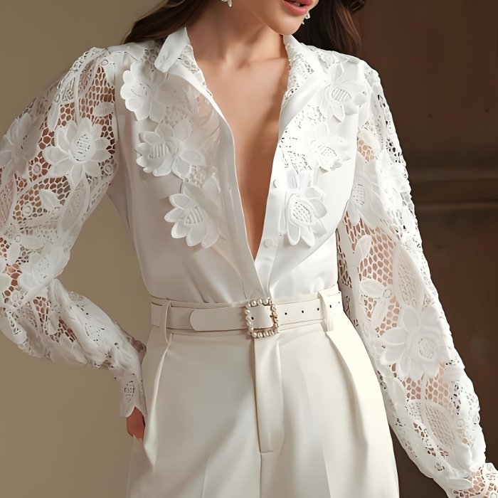 Elegant Lace Blouse Women's French Elegant Stand Collar Lace Patchwork Blouse - Spring and Autumn