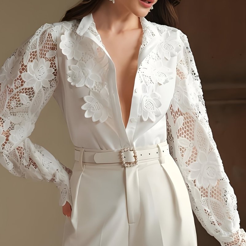 Elegant Lace Blouse Women's French Elegant Stand Collar Lace Patchwork Blouse - Spring and Autumn