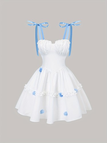 Elegant White Ruffled Tutu Dress with Blue Ribbon Accents - Perfect for Weddings, Graduations, and Summer Events, Polyester Fabric, Ruched Bust Design, All-Season Versatile, Graduation Dress | Ruffled Tutu Skirt | Polyester Dress