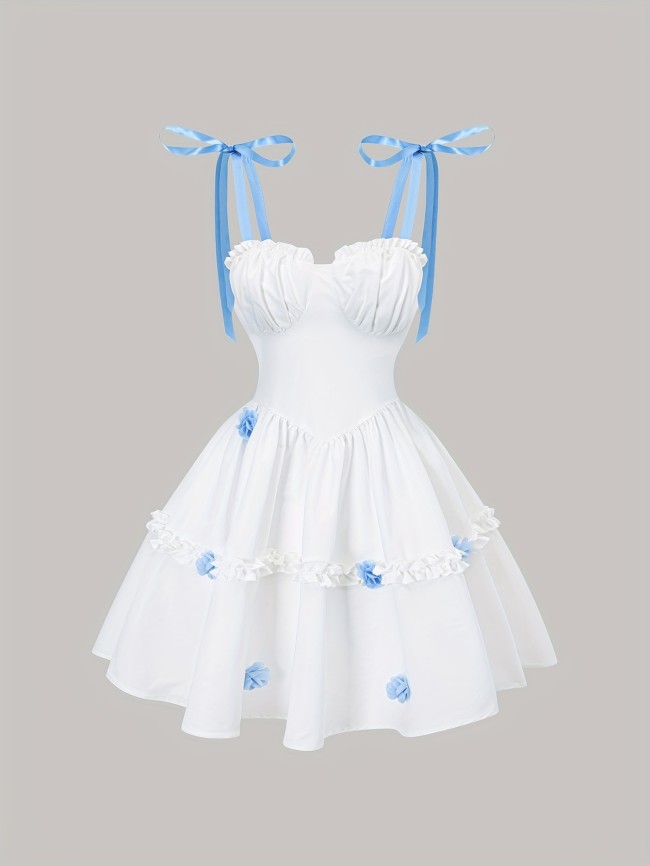 Elegant White Ruffled Tutu Dress with Blue Ribbon Accents - Perfect for Weddings, Graduations, and Summer Events, Polyester Fabric, Ruched Bust Design, All-Season Versatile, Graduation Dress | Ruffled Tutu Skirt | Polyester Dress