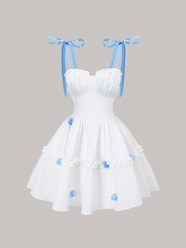 Elegant White Ruffled Tutu Dress with Blue Ribbon Accents - Perfect for Weddings, Graduations, and Summer Events, Polyester Fabric, Ruched Bust Design, All-Season Versatile, Graduation Dress | Ruffled Tutu Skirt | Polyester Dress