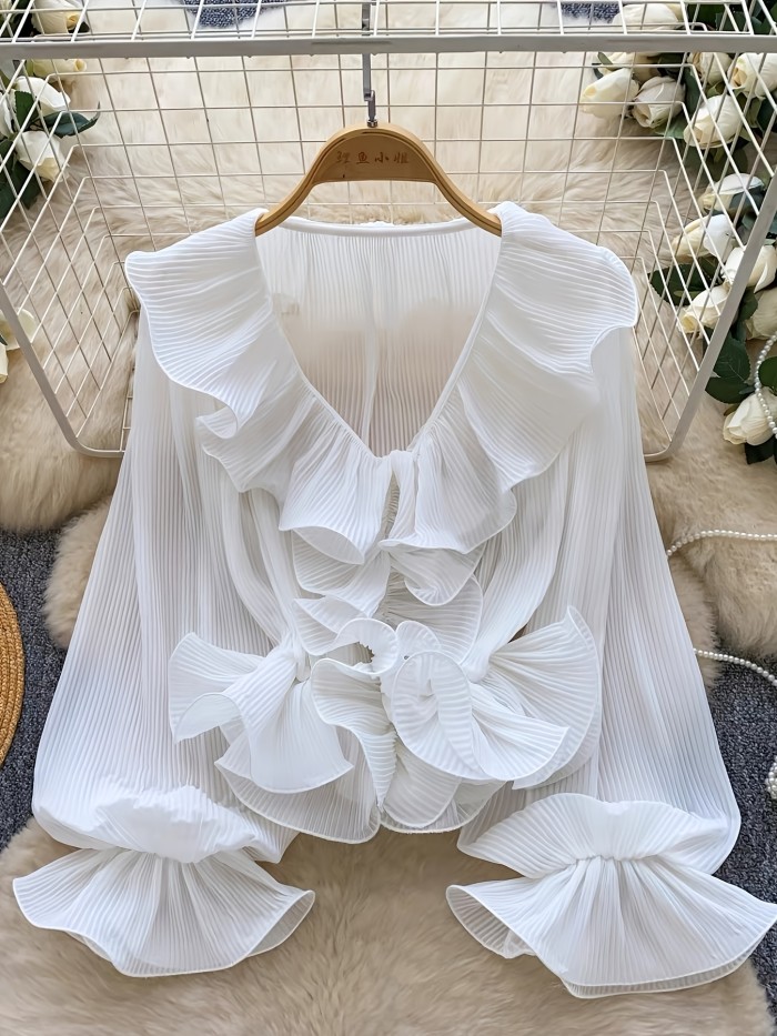 French Gentle Style\u002FV-Neck Ruffled Pleated Blouse\u002FWomen's Spring Summer Long Sleeve\u002FAll-Match Design Top