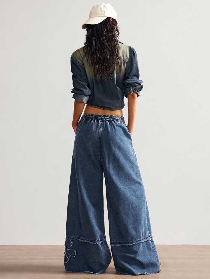 Women's Casual Jeans, Solid Wide-Leg Loose Fit, with Design Detail