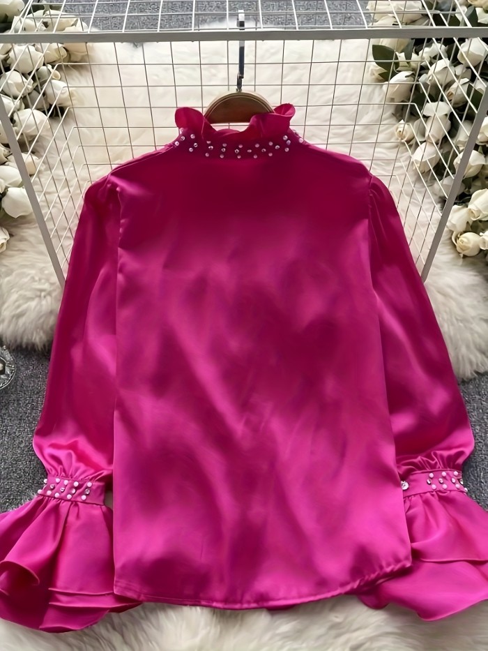 Model 7129 Women's Shirt, Ruffled Sleeve Design, Ear-Shaped Embellishments and Diamond Studs