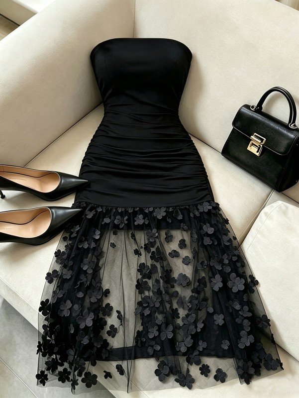Women's Fashion Black Sleeveless Lace-Trimmed Tube Top Maxi Dress
