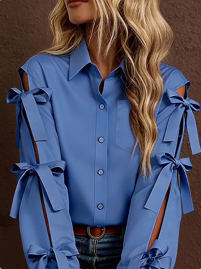 Women'S Solid Color Bow Decorated Long Sleeve Single-Button Shirt, Suitable for Office, Home, Street, And Administration