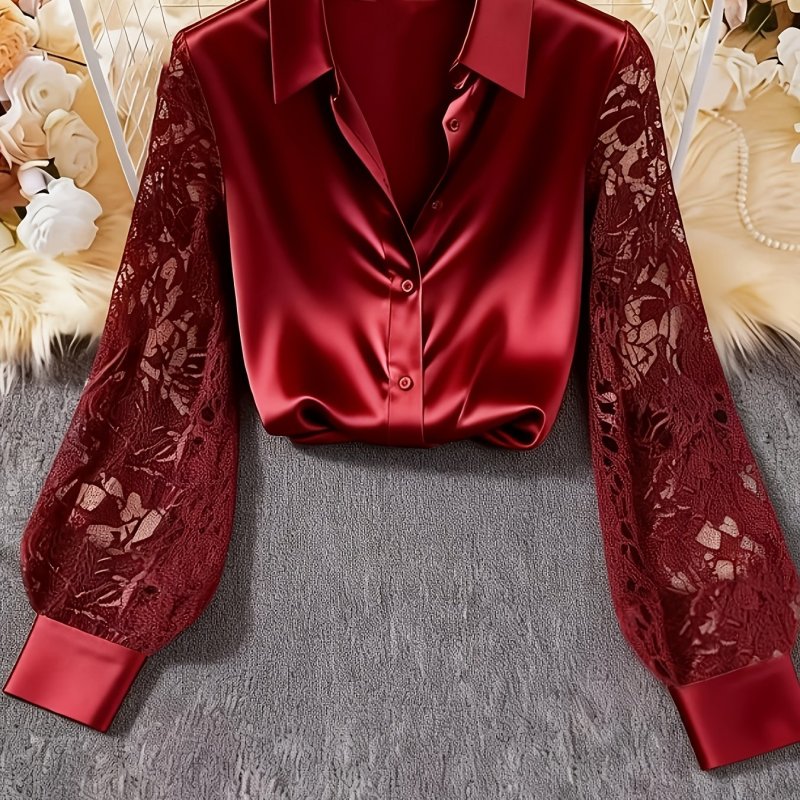 Elegant Lace-Trimmed Satin Shirt for Women | Contrast Lace Details, Lapel Collar, Solid Color, All-Season Wear