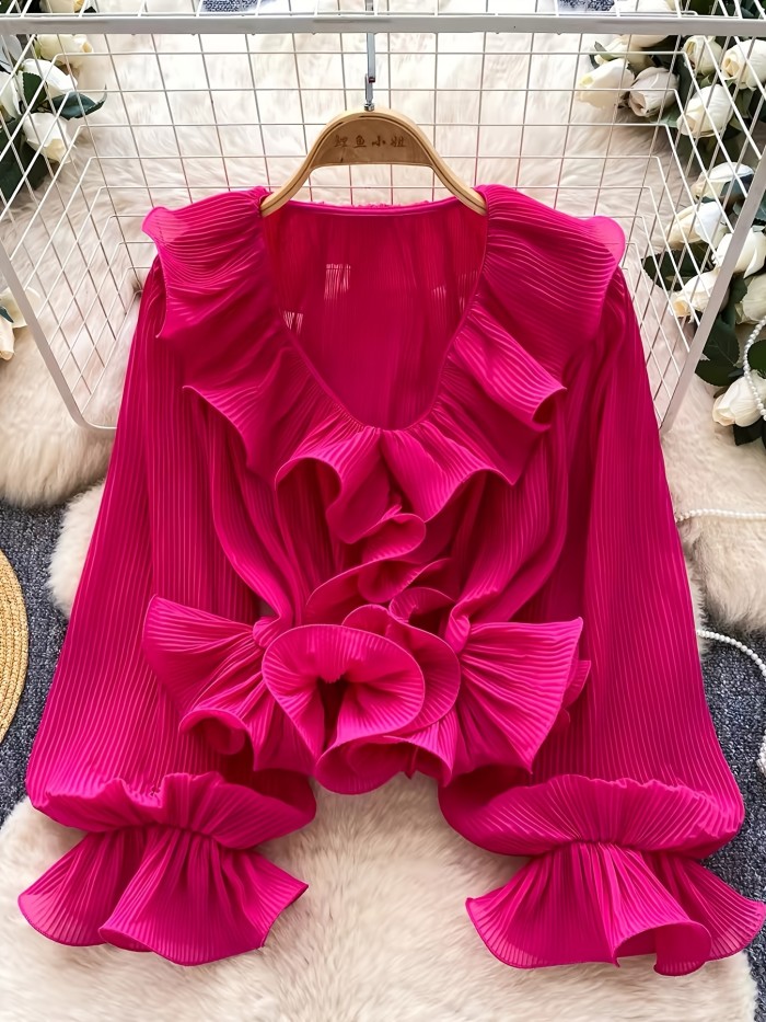 French Gentle Style\u002FV-Neck Ruffled Pleated Blouse\u002FWomen's Spring Summer Long Sleeve\u002FAll-Match Design Top