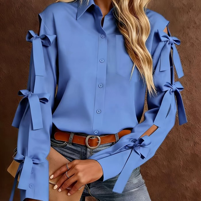Women'S Solid Color Bow Decorated Long Sleeve Single-Button Shirt, Suitable for Office, Home, Street, And Administration