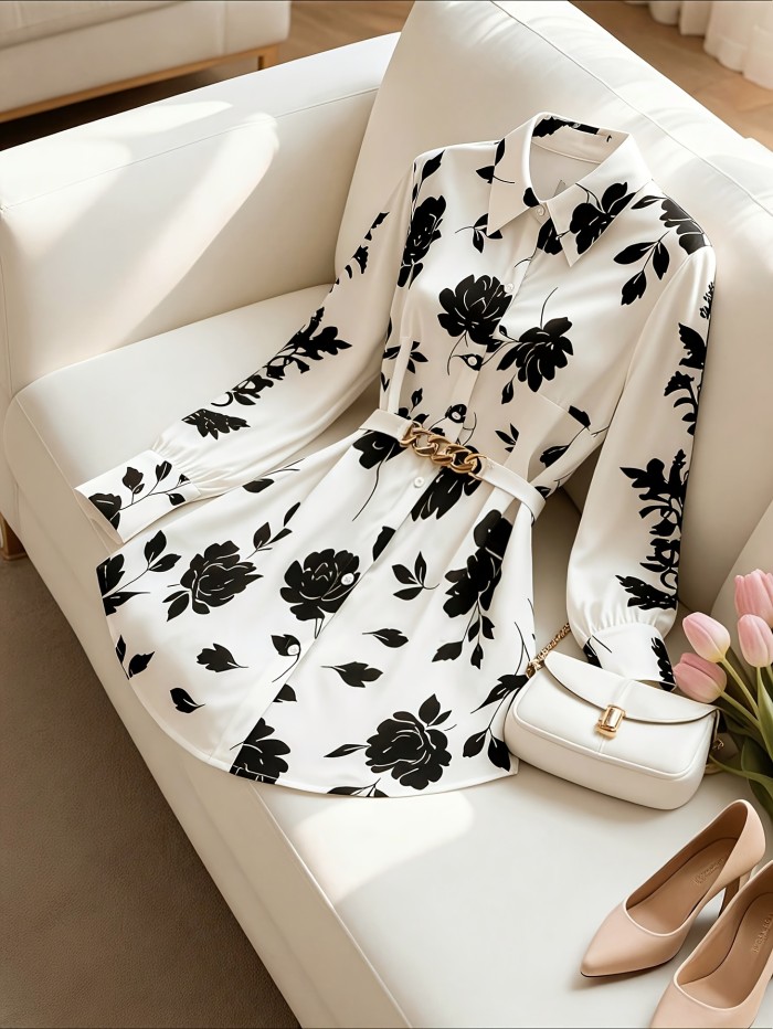 Elegant Directional Print Shirt with Belt