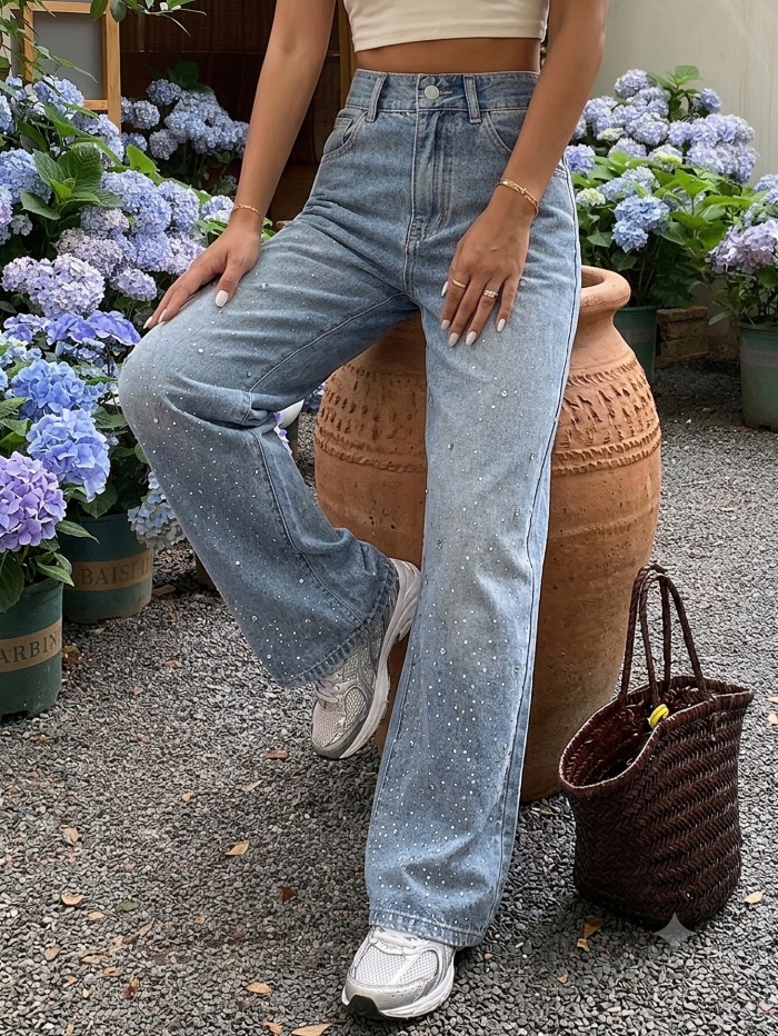 Studded and Sparkling Embellished Streetwear-Style Denim Jeans with Heavy Embroidery, Loose-Fit Straight-Leg Wide-Leg Jeans