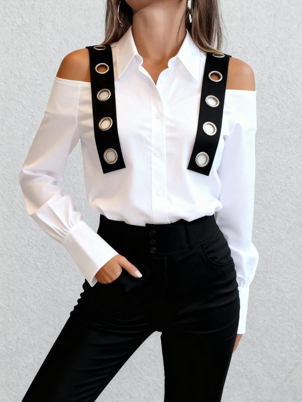 Elegant Women'S Commuting Urban Casual Shirt with Eyelet Strap Decoration, Featuring a Long-Sleeve Design And a Sexy Hollow-Out Style
