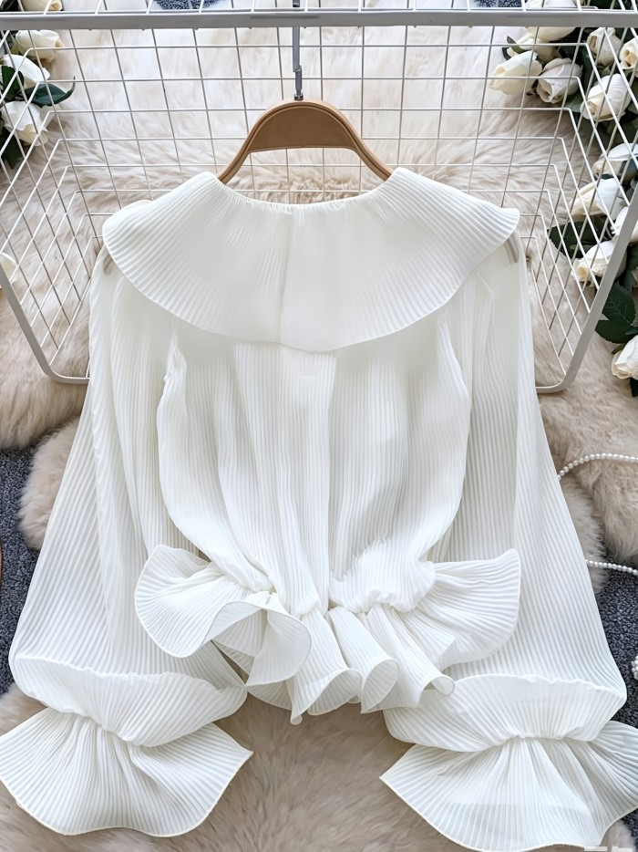 French Gentle Style\u002FV-Neck Ruffled Pleated Blouse\u002FWomen's Spring Summer Long Sleeve\u002FAll-Match Design Top