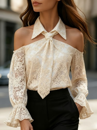 Women'S Elegant Off-Shoulder Long Sleeve Blouse, Embroidered with Scarf Detail, Fashionable Top for Office, Party, And Commute, Spring Summer Wardrobe Essential