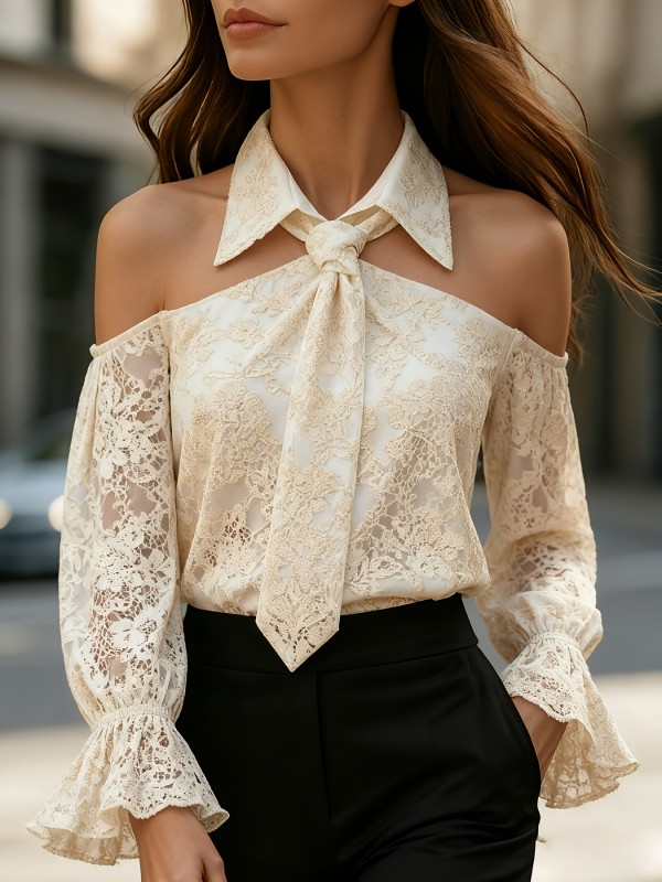 Women'S Elegant Off-Shoulder Long Sleeve Blouse, Embroidered with Scarf Detail, Fashionable Top for Office, Party, And Commute, Spring Summer Wardrobe Essential