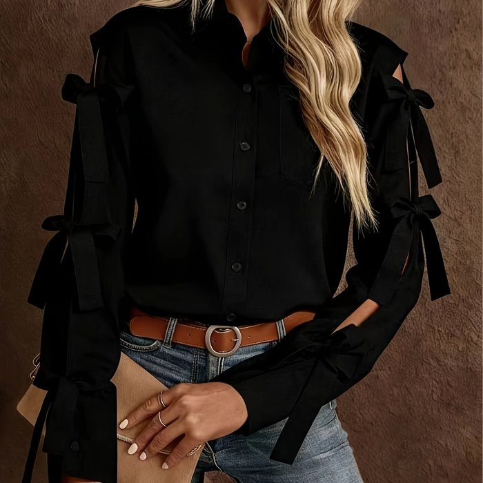 Women'S Solid Color Bow Decorated Long Sleeve Single-Button Shirt, Suitable for Office, Home, Street, And Administration