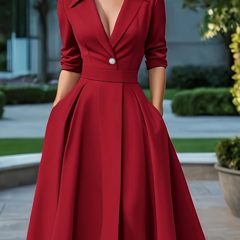 Vintage Wine Red Suit-Style Waist-Cinching Dress for Women, 2025 New Arrival, High-Waisted Flared Skirt with Pearl Buttons, Commuter Banquet Workplace Annual Gathering Elegant Evening Gown