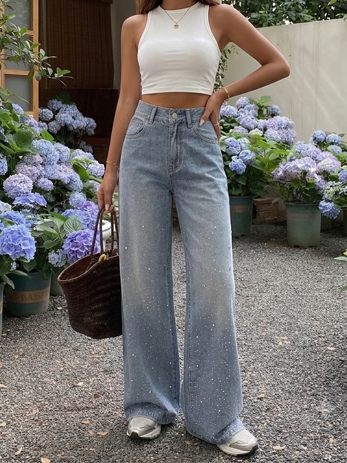 Studded and Sparkling Embellished Streetwear-Style Denim Jeans with Heavy Embroidery, Loose-Fit Straight-Leg Wide-Leg Jeans
