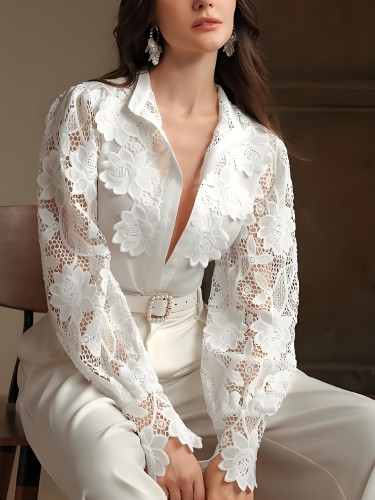 Elegant Lace Blouse Women's French Elegant Stand Collar Lace Patchwork Blouse - Spring and Autumn