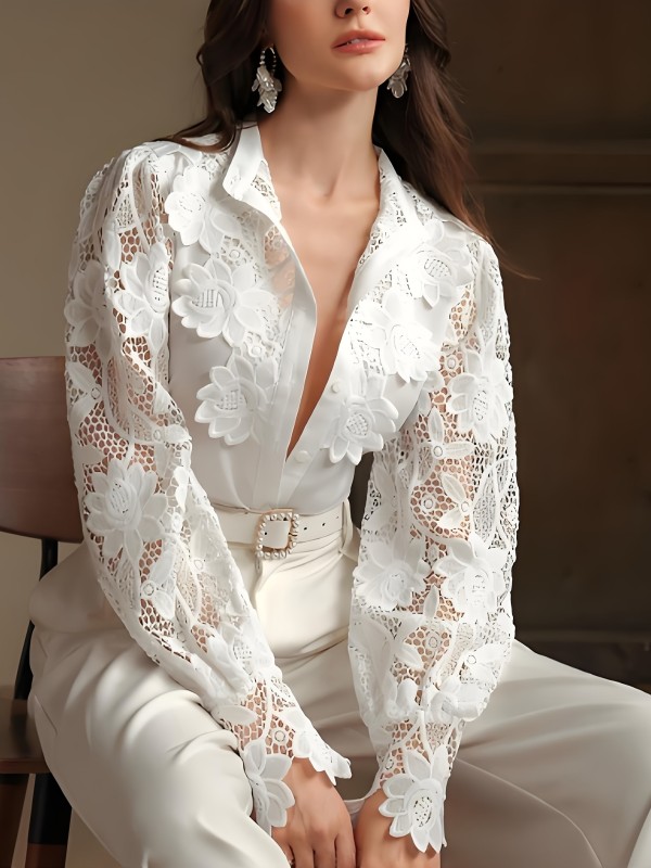 Elegant Lace Blouse Women's French Elegant Stand Collar Lace Patchwork Blouse - Spring and Autumn