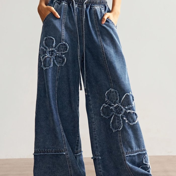 Women's Casual Jeans, Solid Wide-Leg Loose Fit, with Design Detail