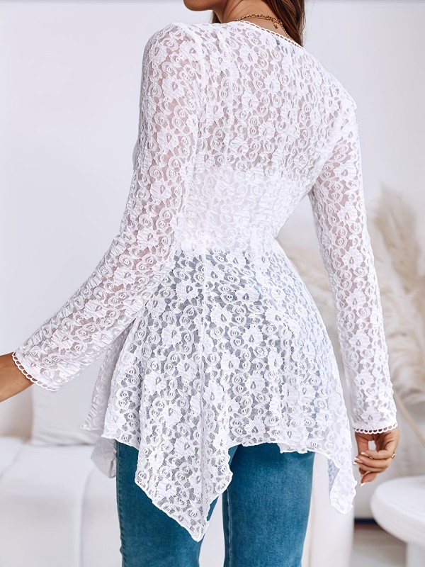 Women's Slim-Fit Elegant V-Neck Button-Front Blouse with Asymmetric Peplum Hem & Cinching Waist - Lace-Trimmed Long Sleeve Shirt, Semi-Sheer for all-Season Wear (for, Wedding, Party) - Machine Washable Solid Color Top