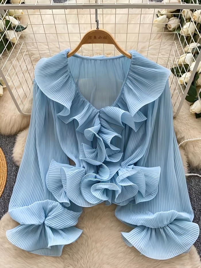 French Gentle Style\u002FV-Neck Ruffled Pleated Blouse\u002FWomen's Spring Summer Long Sleeve\u002FAll-Match Design Top