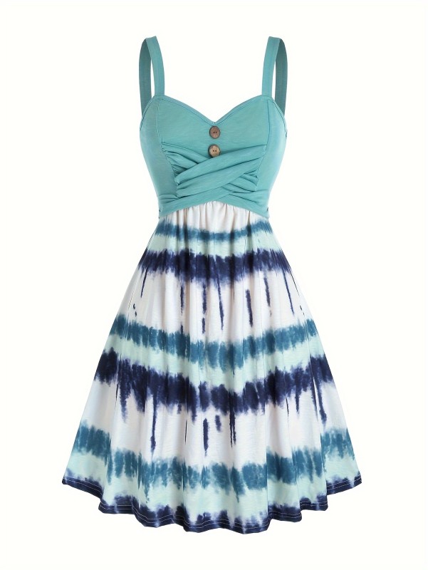 Tie Dye Print Fake Button Dress, Casual Sleeveless Backless For Summer, Women's Clothing