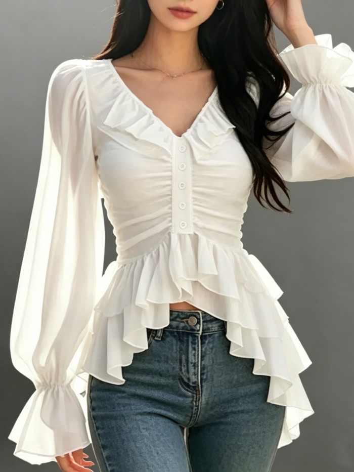 Women'S Spring Summer Casual Elegant Ruffled V-Neck Lantern Sleeve Layered Design Blouse