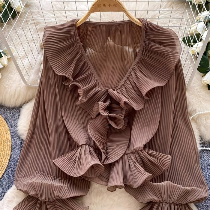 French Gentle Style\u002FV-Neck Ruffled Pleated Blouse\u002FWomen's Spring Summer Long Sleeve\u002FAll-Match Design Top