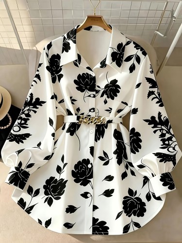 Elegant Directional Print Shirt with Belt