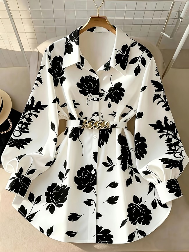 Elegant Directional Print Shirt with Belt