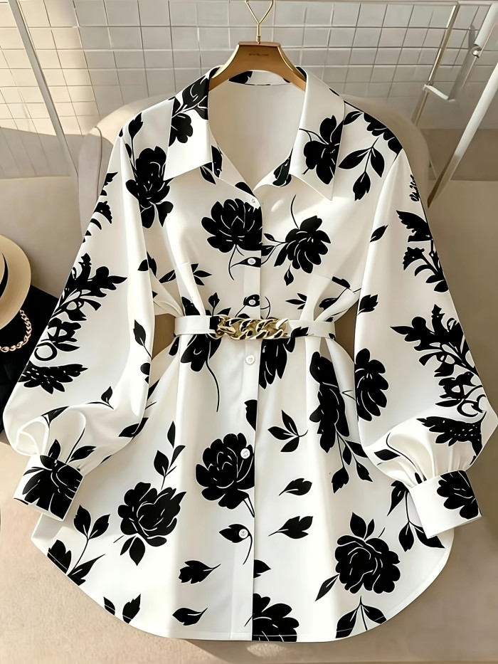 Elegant Directional Print Shirt with Belt