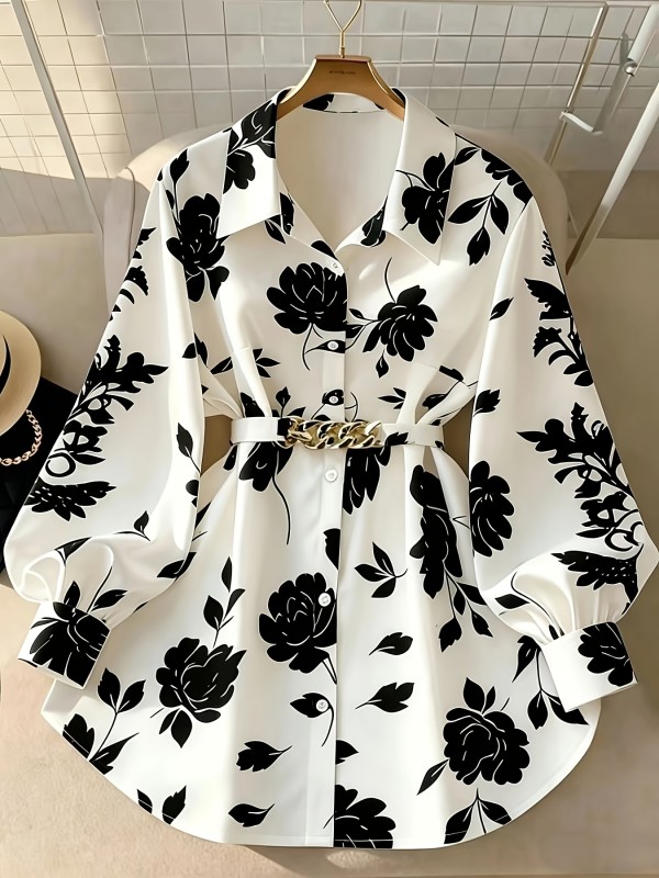 Elegant Directional Print Shirt with Belt