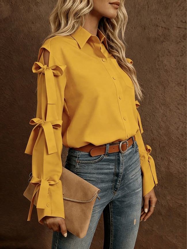 Women'S Solid Color Bow Decorated Long Sleeve Single-Button Shirt, Suitable for Office, Home, Street, And Administration