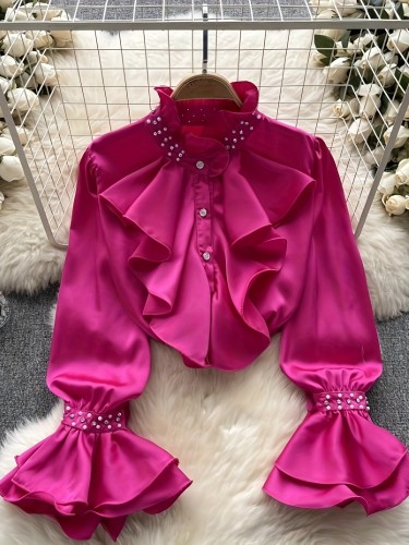 Model 7129 Women's Shirt, Ruffled Sleeve Design, Ear-Shaped Embellishments and Diamond Studs