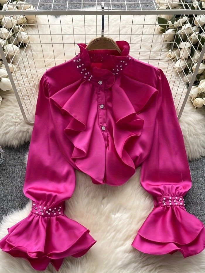 Model 7129 Women's Shirt, Ruffled Sleeve Design, Ear-Shaped Embellishments and Diamond Studs