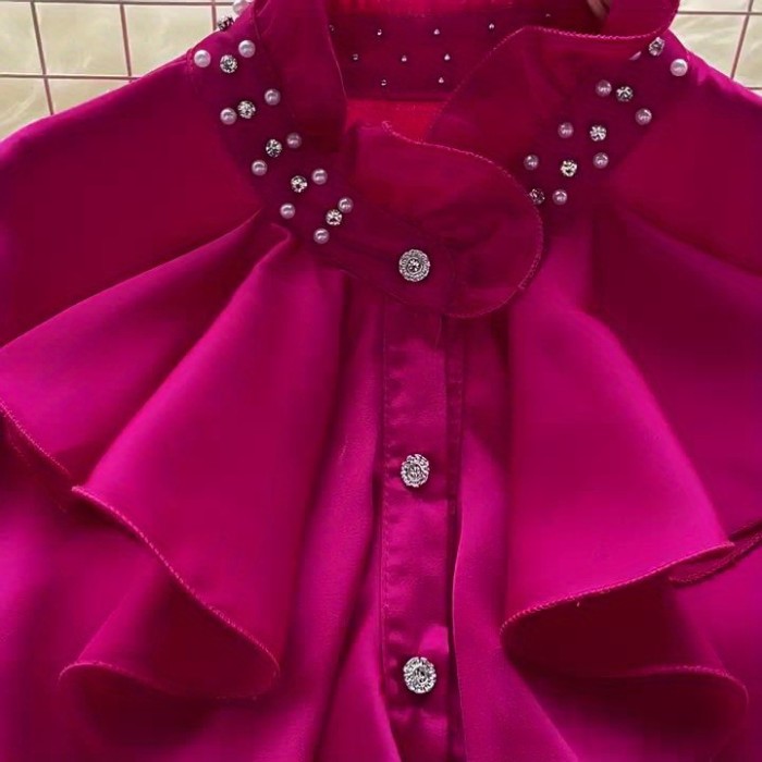 Model 7129 Women's Shirt, Ruffled Sleeve Design, Ear-Shaped Embellishments and Diamond Studs