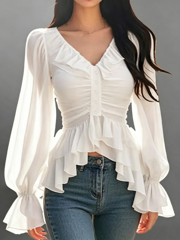 Women'S Spring Summer Casual Elegant Ruffled V-Neck Lantern Sleeve Layered Design Blouse