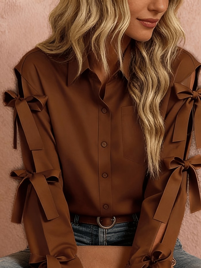 Women'S Solid Color Bow Decorated Long Sleeve Single-Button Shirt, Suitable for Office, Home, Street, And Administration