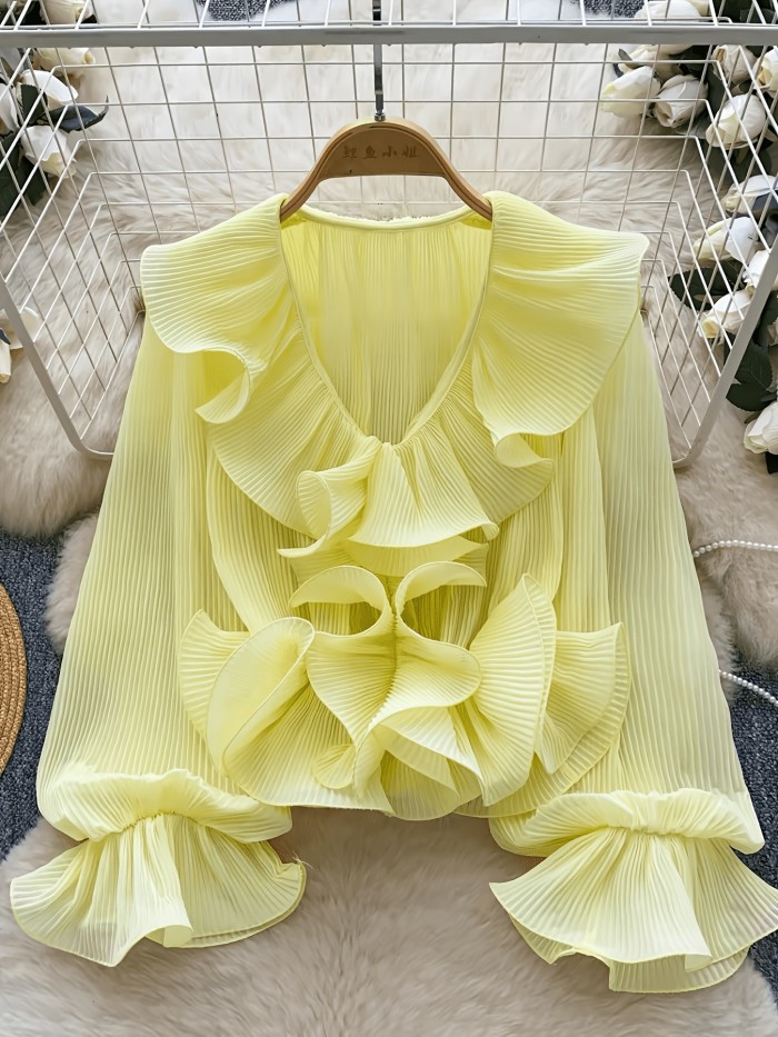 French Gentle Style\u002FV-Neck Ruffled Pleated Blouse\u002FWomen's Spring Summer Long Sleeve\u002FAll-Match Design Top