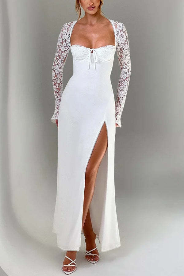 Slim Fit Lace Long Sleeve Spliced Dress Slit Maxi Dress